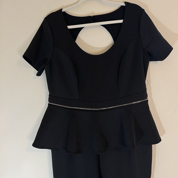 Eloquii Women’s Jumpsuit Sz 14 Black Open Back Zip Off Peplum Scuba Knit - Picture 3 of 9